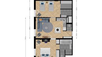 A 2-bedroom apartment layout with a living room, dining area, kitchen, and bathroom.