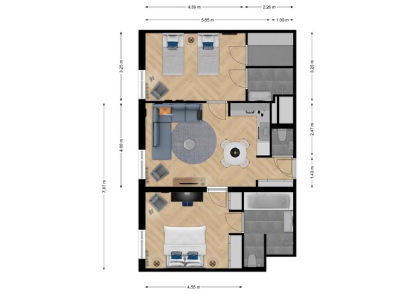 A 2-bedroom apartment layout with a living room, dining area, kitchen, and bathroom.