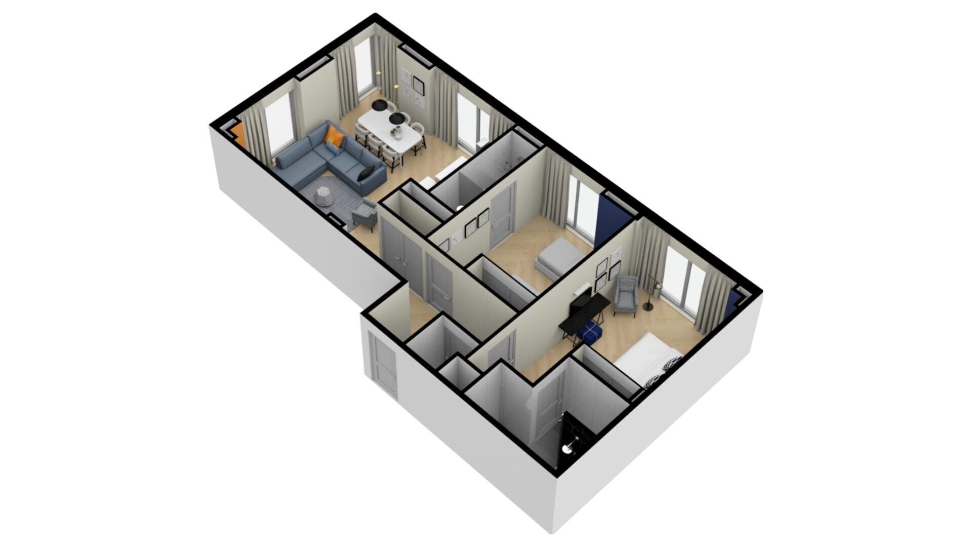 Un plan d’étage en 3D d’une chambre d’hôtel comprenant un espace de vie, un coin repas et une chambre à coucher séparée.