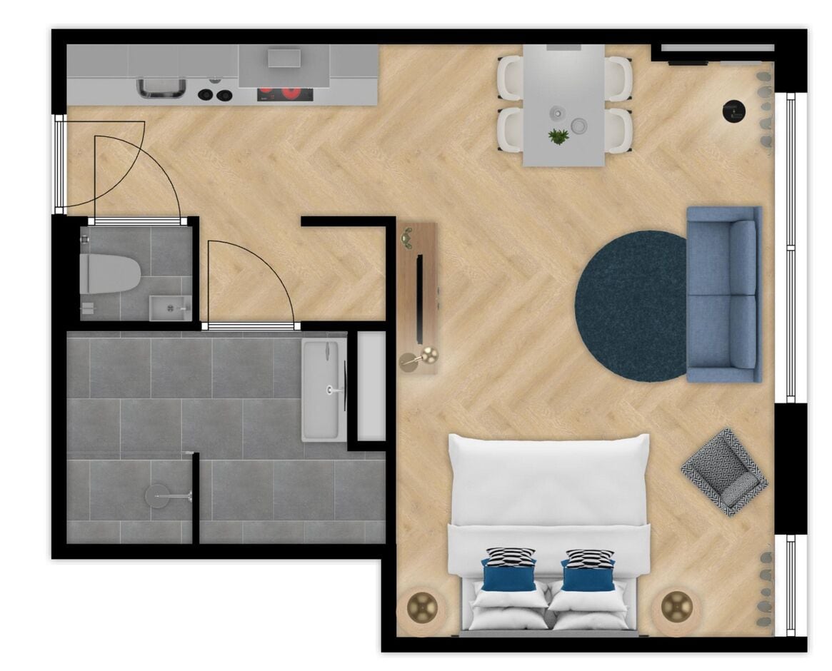 Disposição de quarto de hotel com cama, um espaço de estar pequeno, banheiro e cozinha compacta.