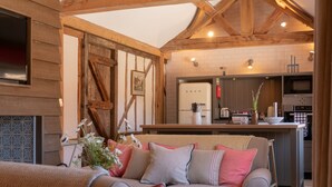 A cozy living room with a sofa, a fireplace, and a kitchen area with modern appliances. - Retreat East (Ipswich)