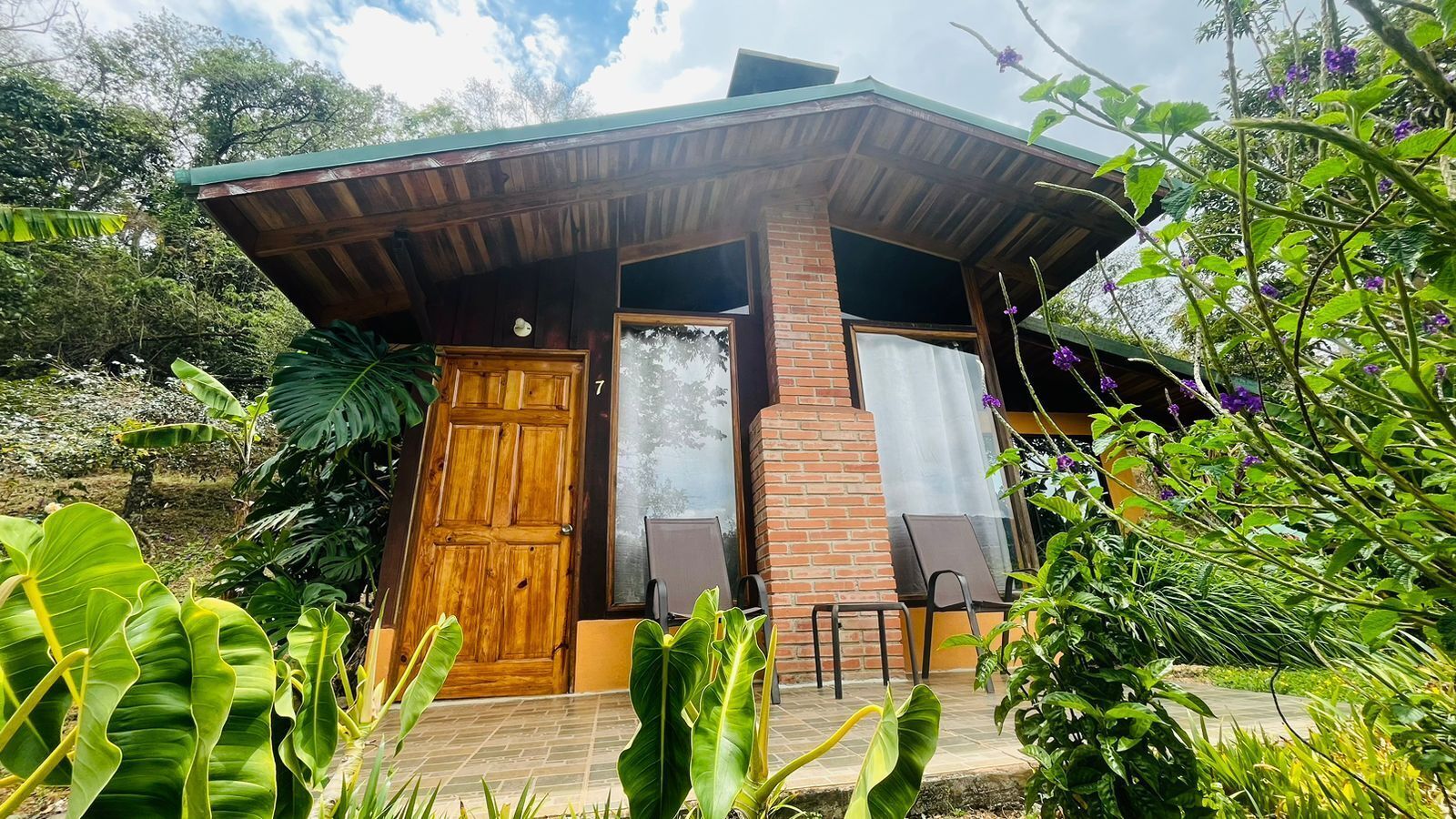 A small, rustic house with a wooden door and a brick wall, surrounded by lush greenery and plants.
