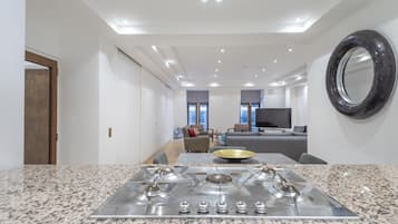 Full-sized fridge, microwave, oven, stovetop