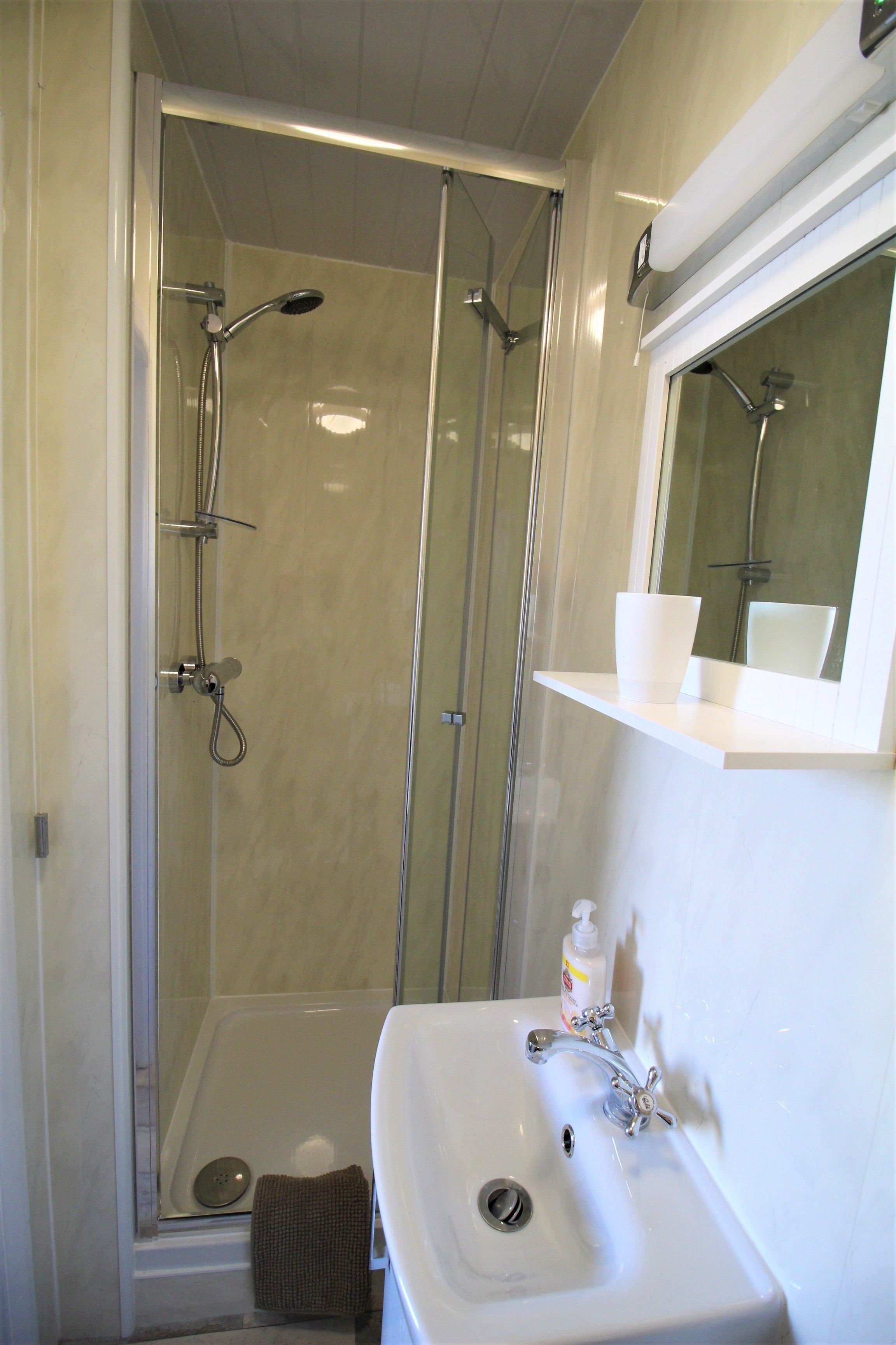 A bathroom with a glass-enclosed shower, a white sink, and a mirror above the sink.