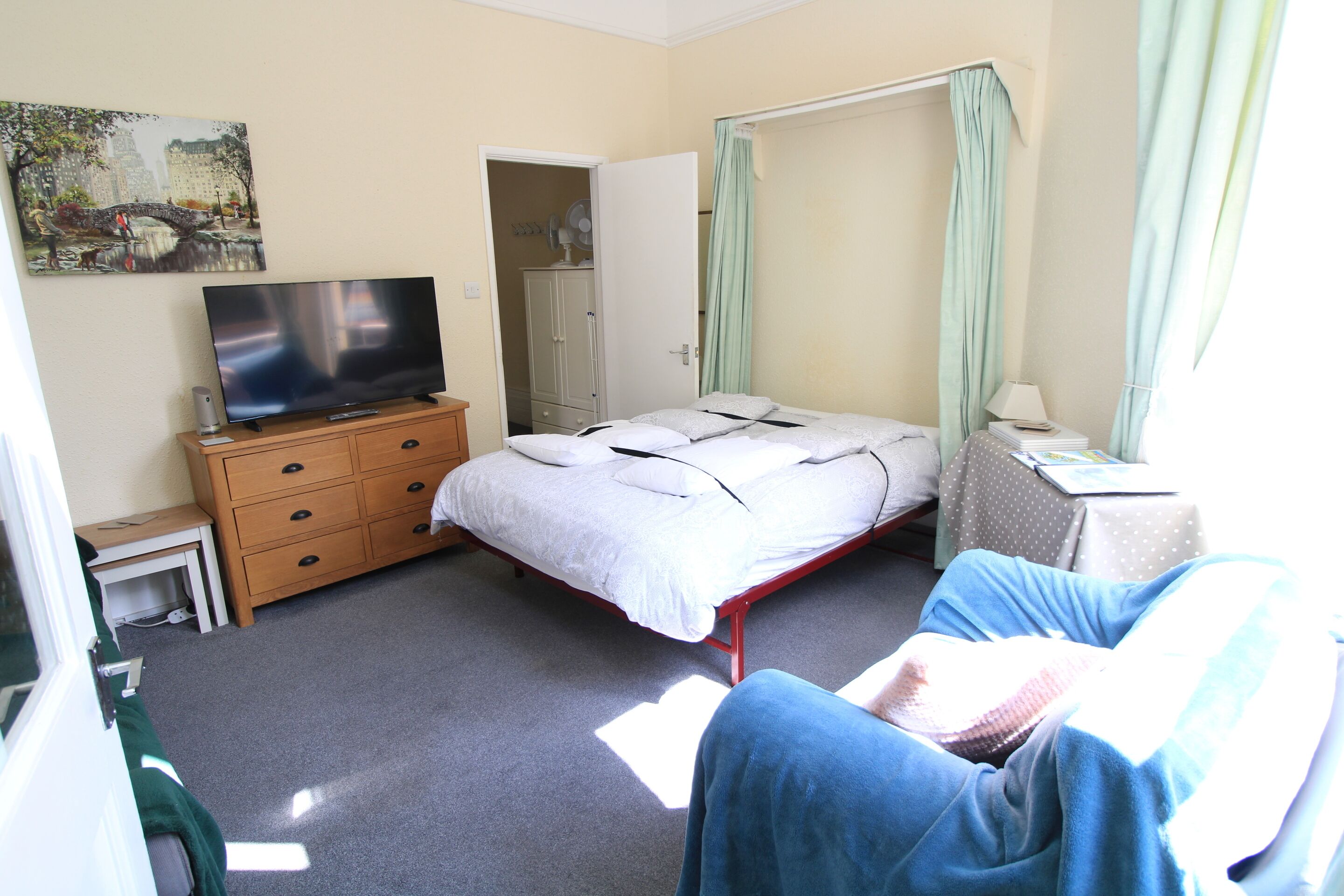 Habitación de hotel con cama, televisor en una cómoda, armario y un cuadro en la pared.