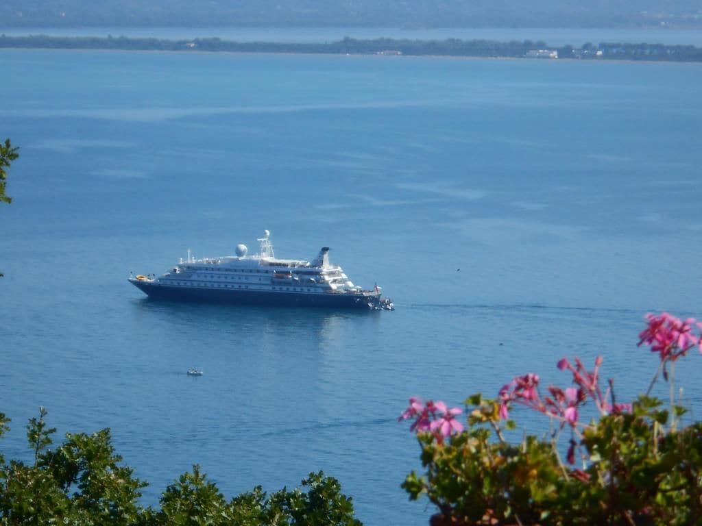 A large cruise ship on a calm body of water with a clear horizon in the background.