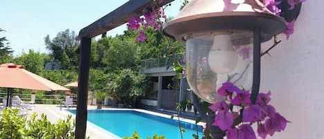 Piscina con una pérgola y flores, rodeada de follaje.