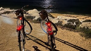 Two bicycles parked on a sandy path by the sea with a moonlit sky.