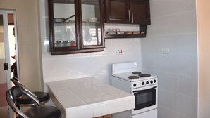 A compact kitchen with a white countertop, a stove, and dark wooden cabinets. - Sikalongo Lodge Highlands (Livingstone)