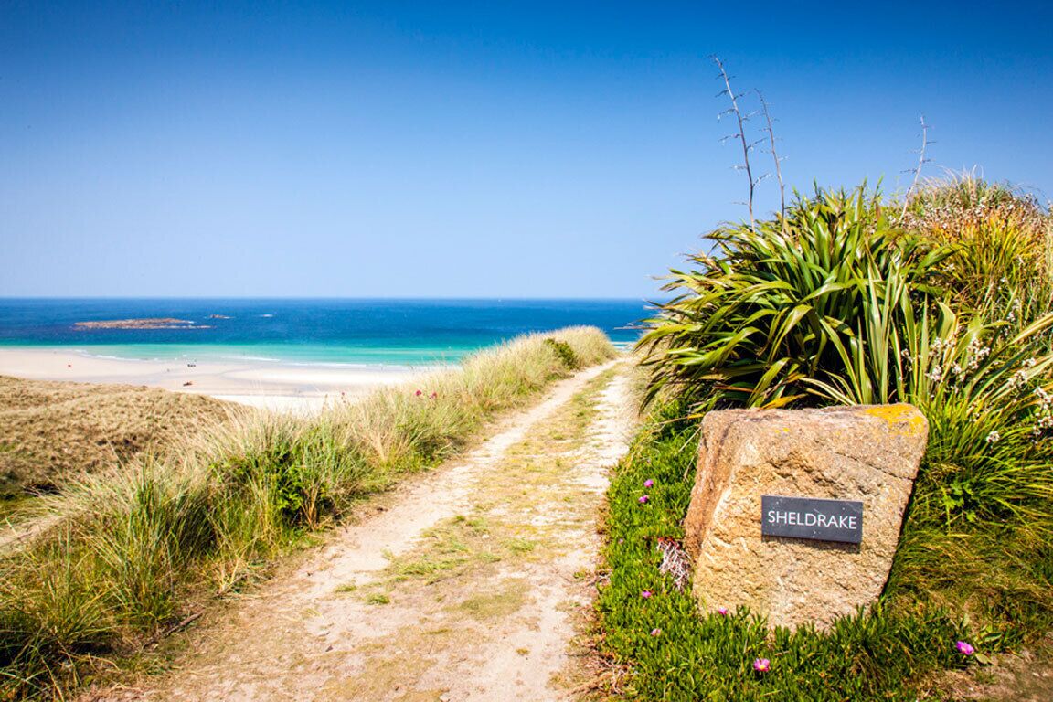 A coastal path leading to a beach with a sign reading "SHELDRAKE".