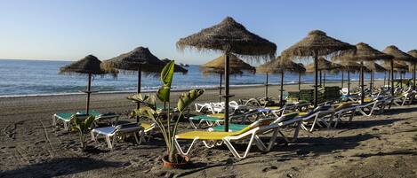 Plage à proximité, chaises longues, serviettes de plage