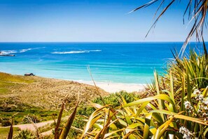 Un paysage côtier comprenant une plage, l’océan et de la végétation.