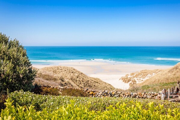 Eine Küstenlandschaft mit Strand, Dünen und freiem Blick auf den Ozean.