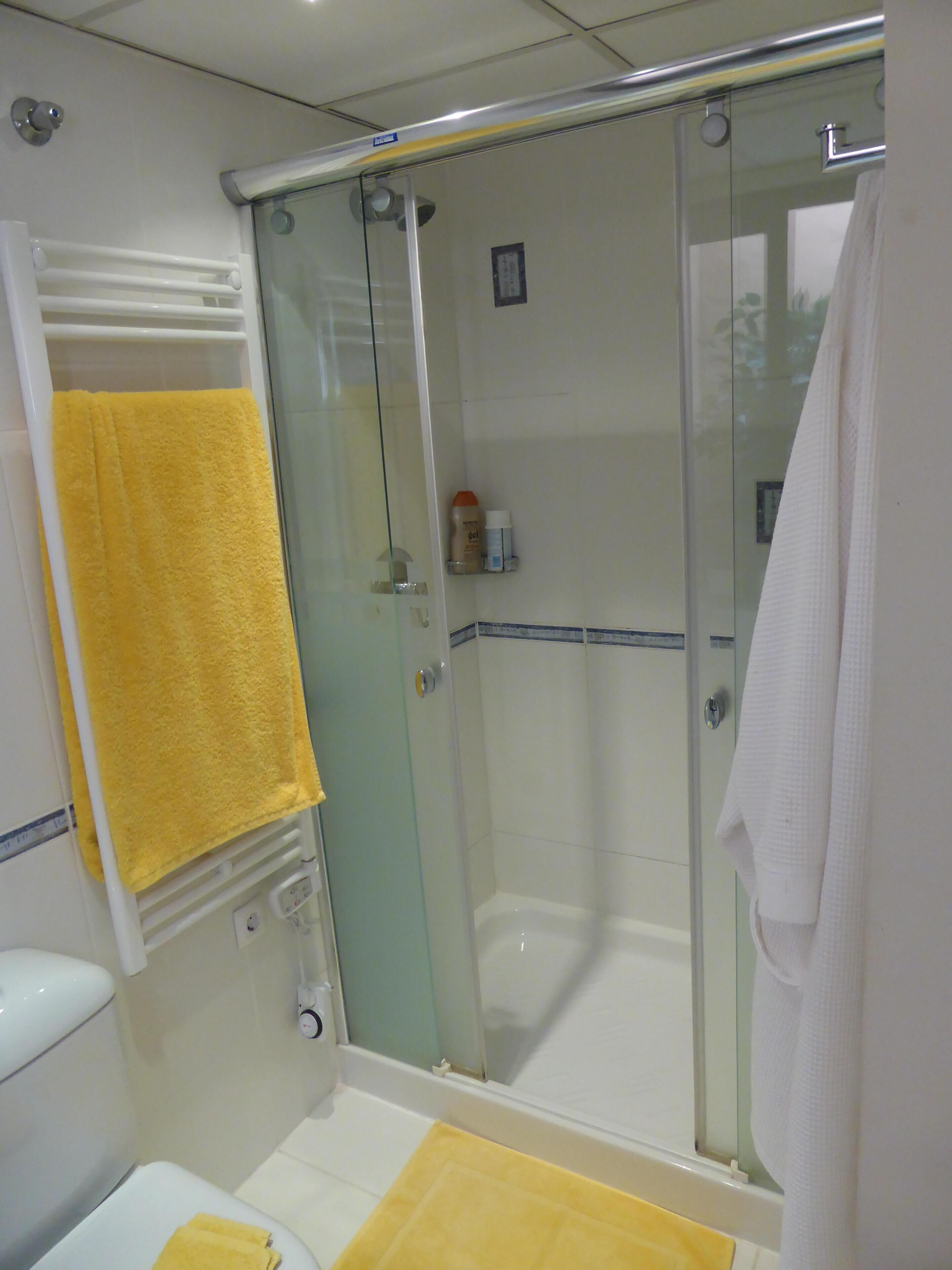 A bathroom with a glass-enclosed shower, a toilet, and a sink.