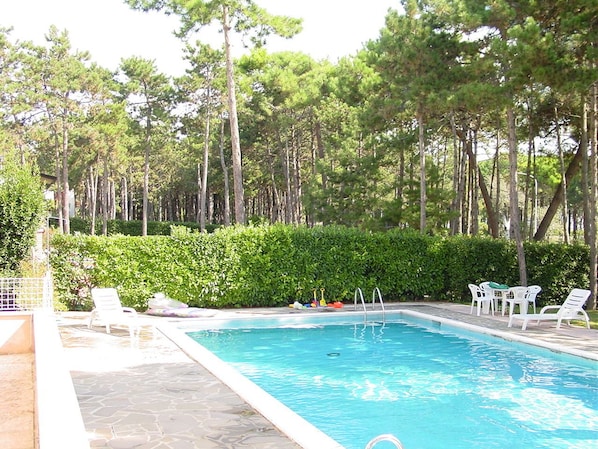 Une piscine entourée d’arbres et de verdure, avec des chaises longues et une table à proximité.