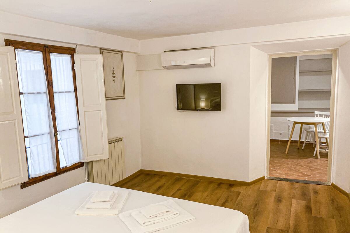 Une pièce comprenant un lit, un radiateur, un téléviseur et une porte donnant sur un coin cuisine.
