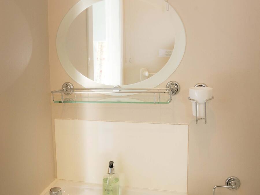 A bathroom with a white sink, a glass shelf above it, a round mirror, a handheld showerhead, a bottle of shampoo, and a toilet paper holder.