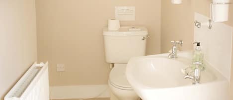 A small, clean bathroom with a toilet, sink, and mirror.