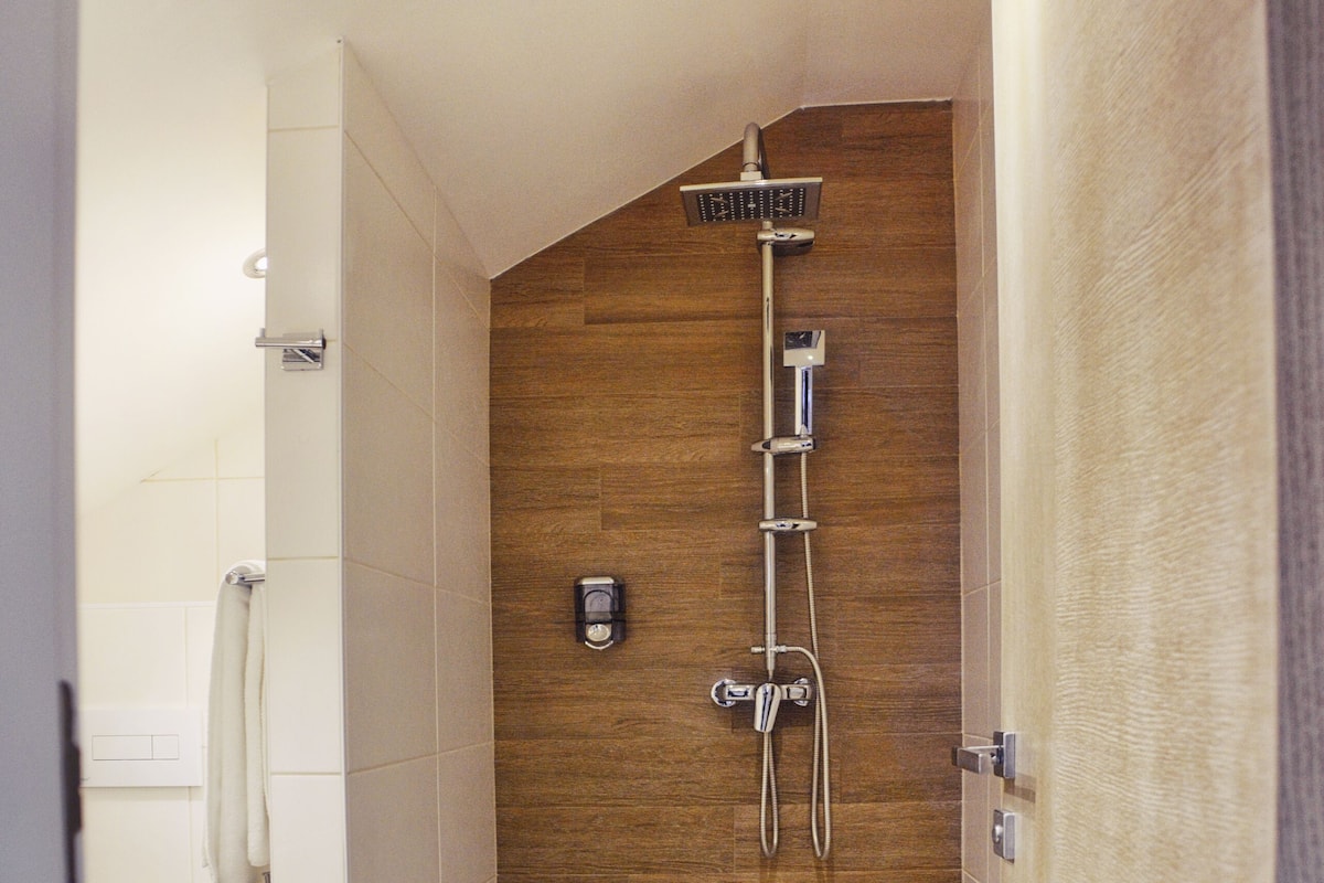 standard double room | bathroom | shower, free toiletries, hair dryer, towels