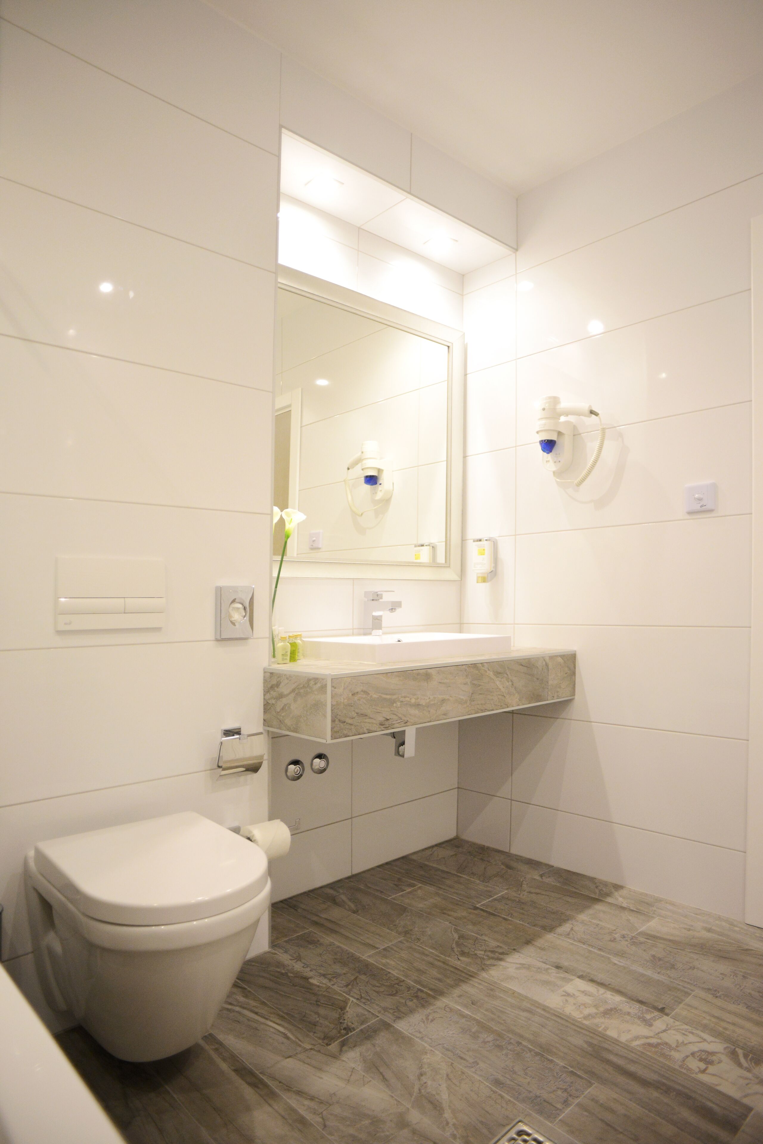 A modern bathroom with a toilet, sink, and mirror.