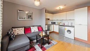 A compact living space with a grey sofa, a small coffee table, a kitchen area with a washing machine, and a dining table. - Greeg Court (Dublin)