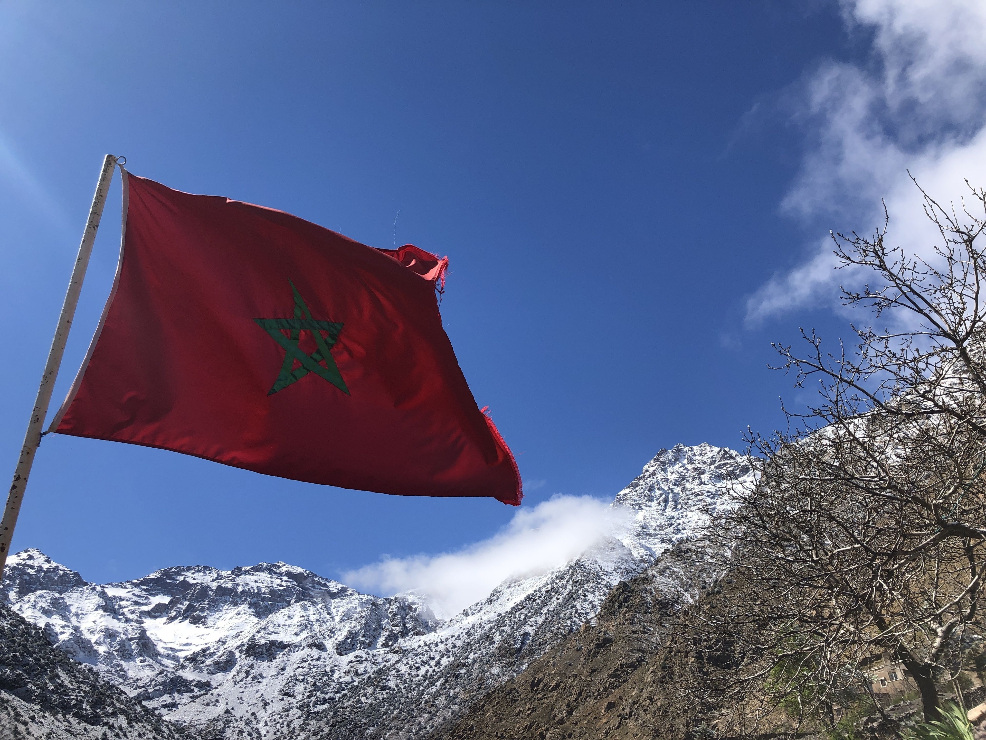 A red flag with a green star, set against a backdrop of snow-capped mountains and a clear blue sky.