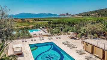 Seasonal outdoor pool, pool umbrellas, pool loungers