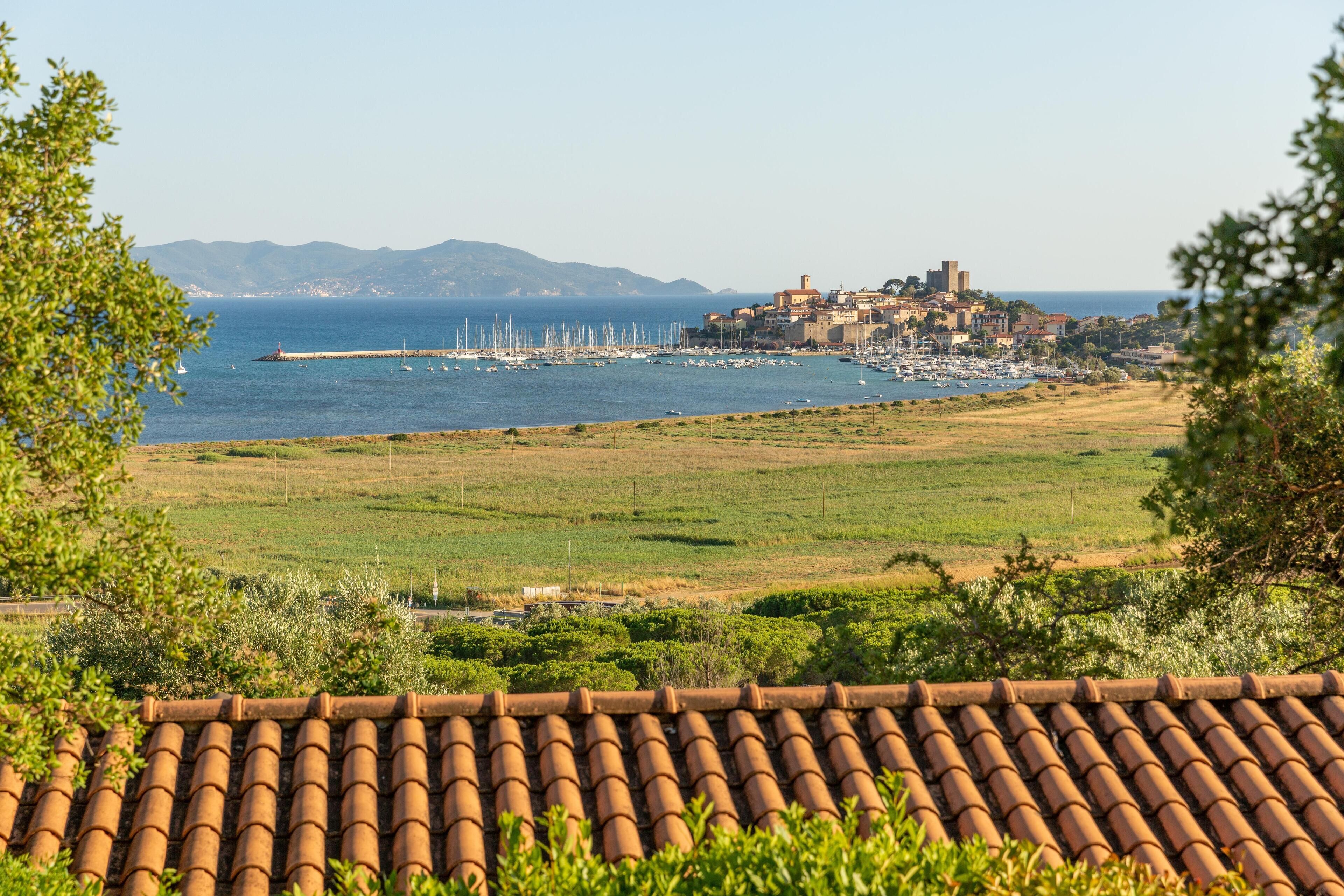 A coastal town with a historic building complex, a marina with boats, and a view of the sea.