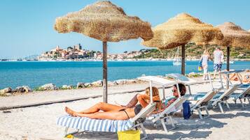 On the beach, sun-loungers, beach umbrellas