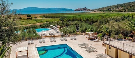 Seasonal outdoor pool, pool umbrellas, pool loungers