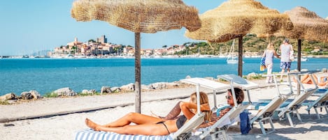 On the beach, sun-loungers, beach umbrellas