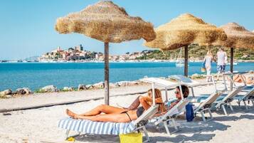 On the beach, sun loungers, beach umbrellas