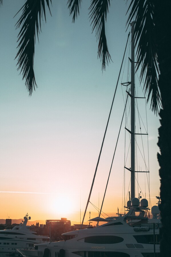 A marina with yachts docked, a clear sky, and palm trees framing the scene. - The Barcelona EDITION (Barcelona)