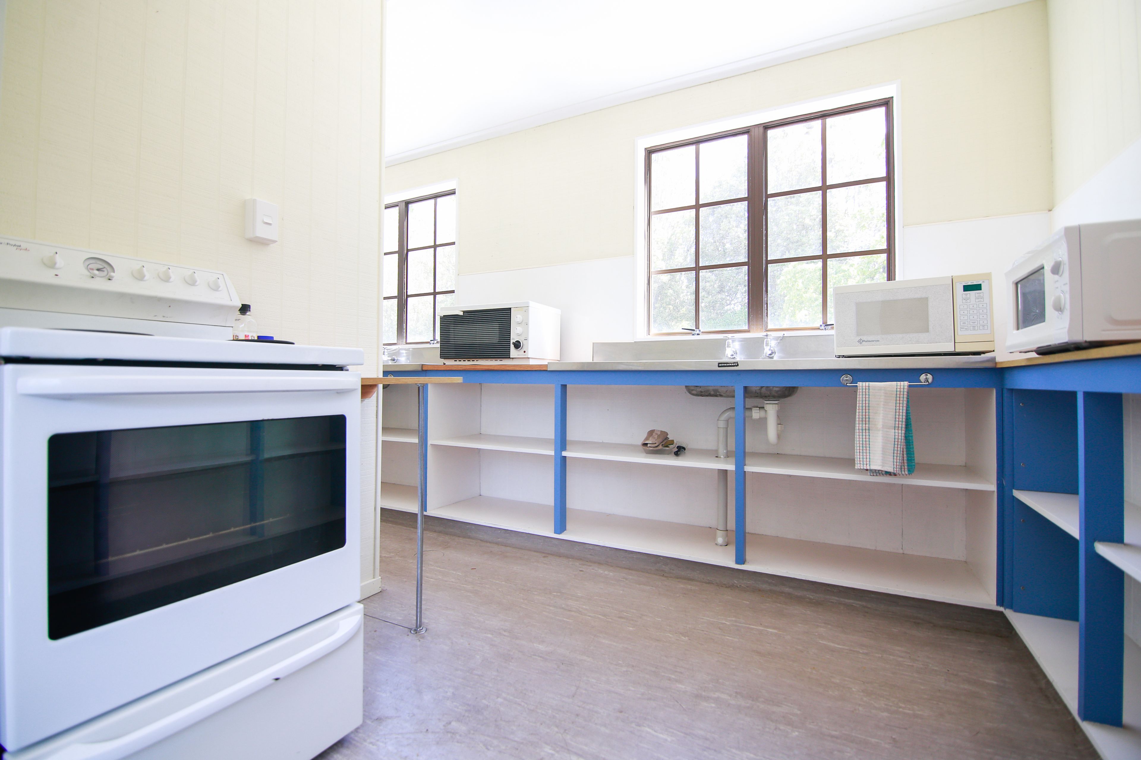 A kitchen with a white stove, a microwave, and blue shelves.