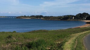 Un paysage côtier avec un ciel dégagé, une plage de sable et une zone herbeuse.