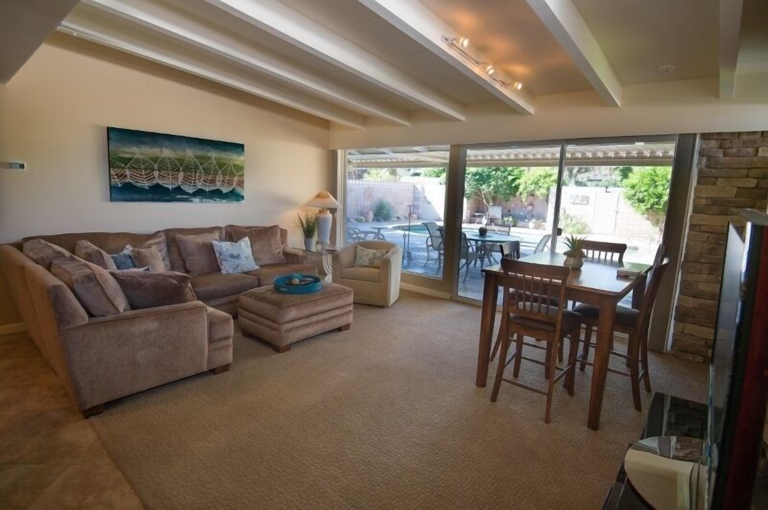 TV, fireplace, books