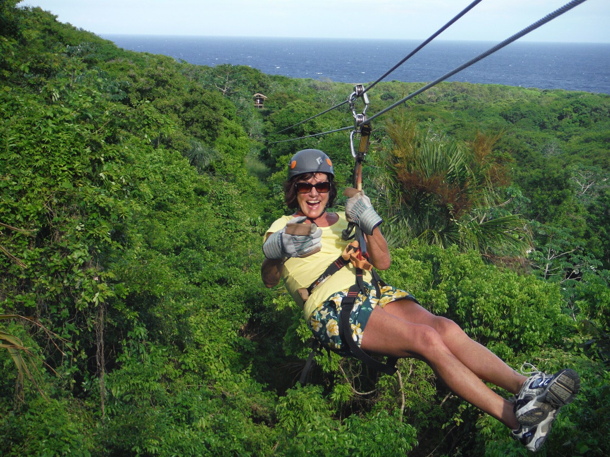 A person zip-lining through a lush, green forest with a view of the ocean in the background.
