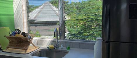 Una cocina con ventana, electrodomésticos de acero inoxidable y una pared verde.