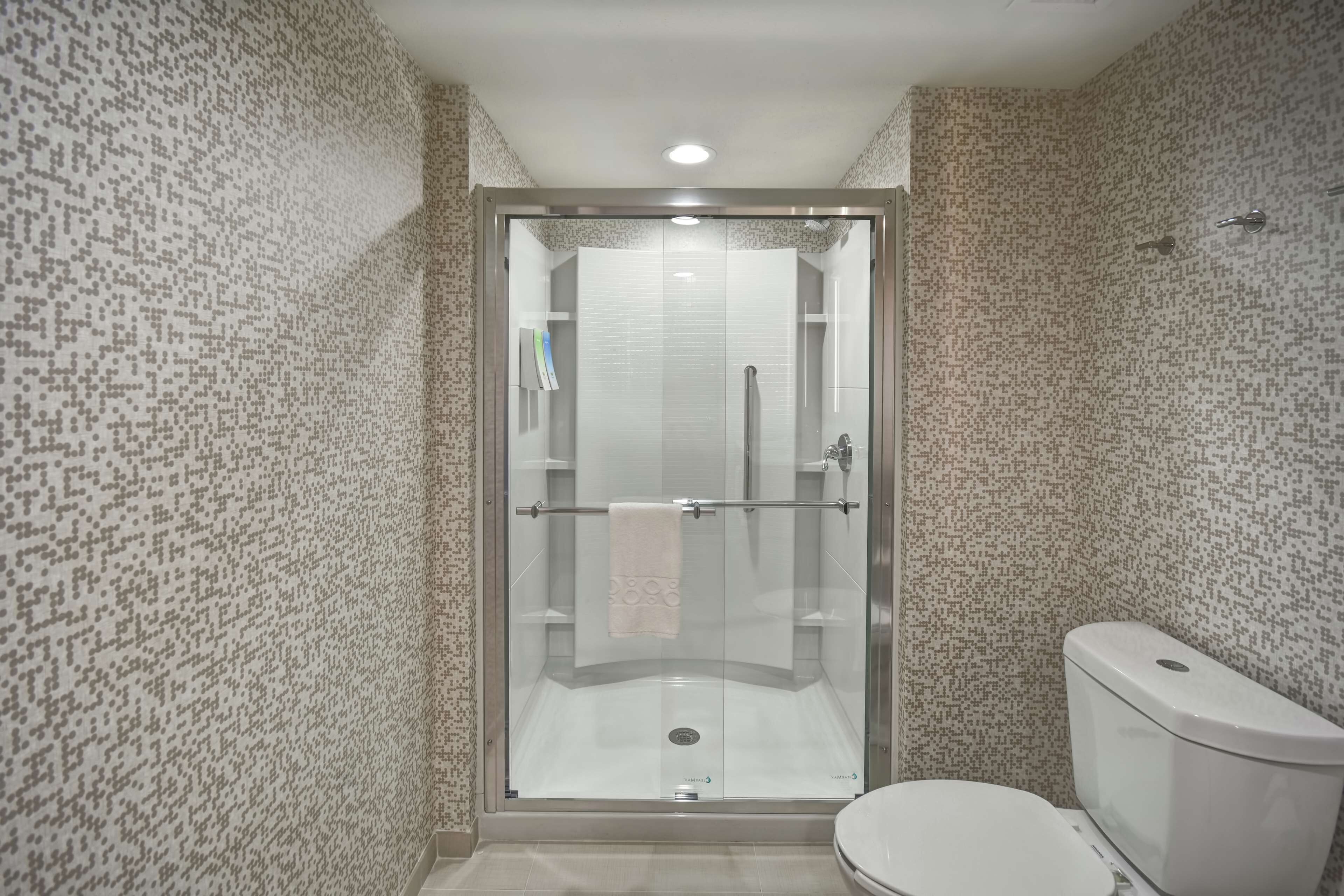 A bathroom with a glass-enclosed shower, a toilet, and patterned walls.