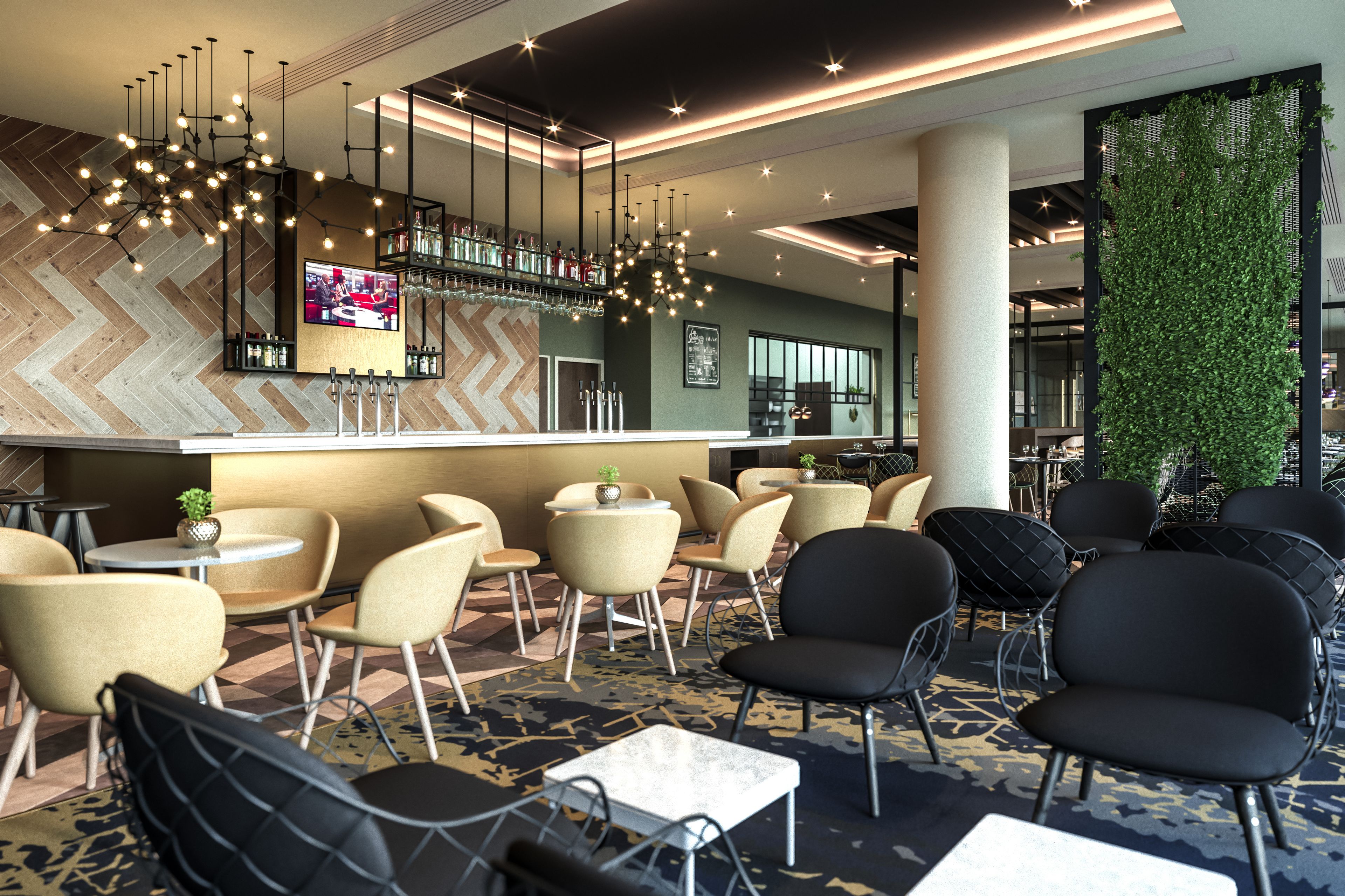 Een moderne hotel lobby met een bar, zitgedeelte en een verticale groene wand.