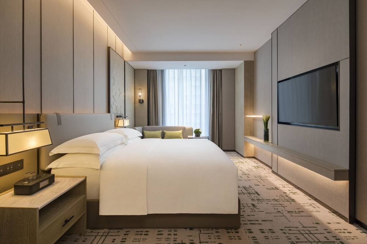 Una habitación de hotel moderna con una cama grande, un televisor de pantalla plana, una mesita de noche con lámpara y una pequeña planta.