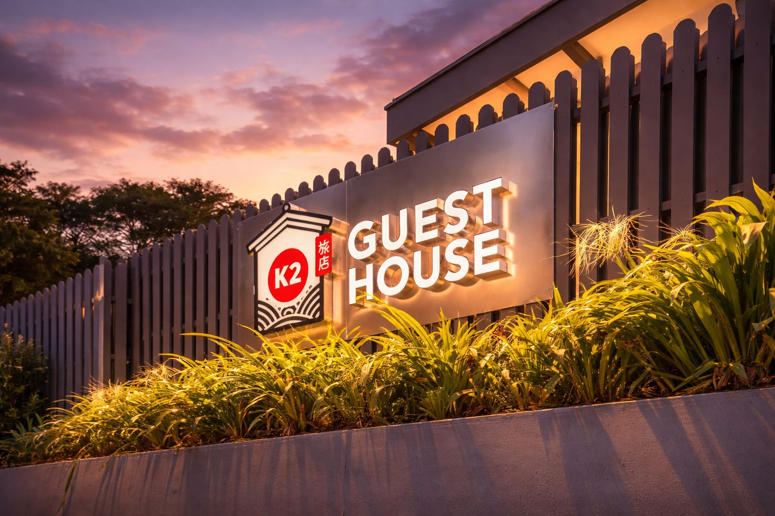A sign for a guest house with a K2 logo, surrounded by a wooden fence and lush greenery.