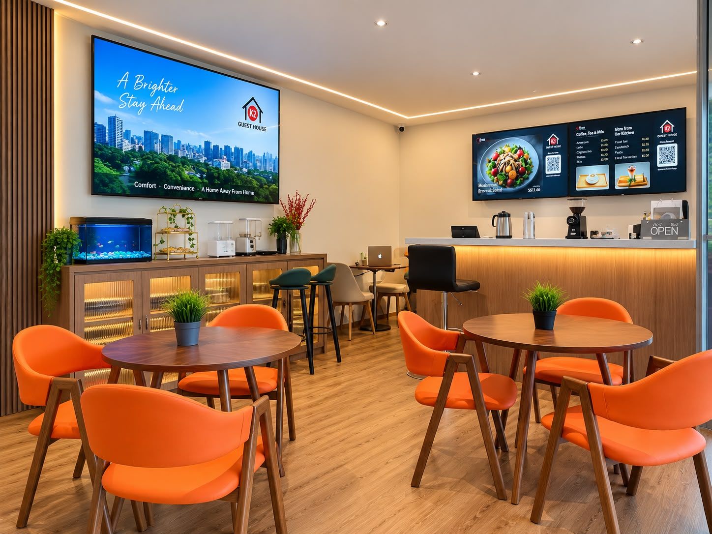 A modern hotel lobby with a large TV screen displaying a cityscape, a reception desk, and orange chairs arranged around tables.