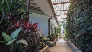 A covered pathway flanked by lush greenery and a stone wall, leading to a staircase. - Royal Garden Hotel Boutique (Cali)