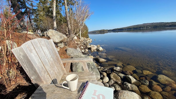 A wooden bench by a lake with a notebook and a mug on it. - Peaceful lakeside private waterfront campsite; 45 min drive to Acadia! BYOTent (Eastbrook)