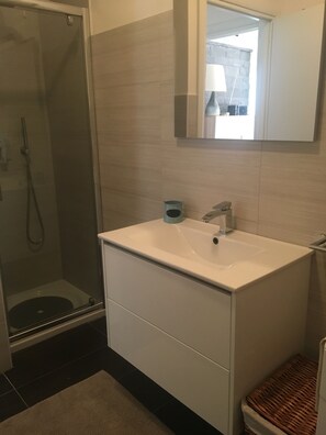 Shower, hair dryer, bidet, towels