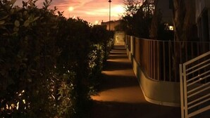 Un camí que condueix a un edifici amb barana corba, envoltat de vegetació i palmeres, sota un cel al capvespre.
