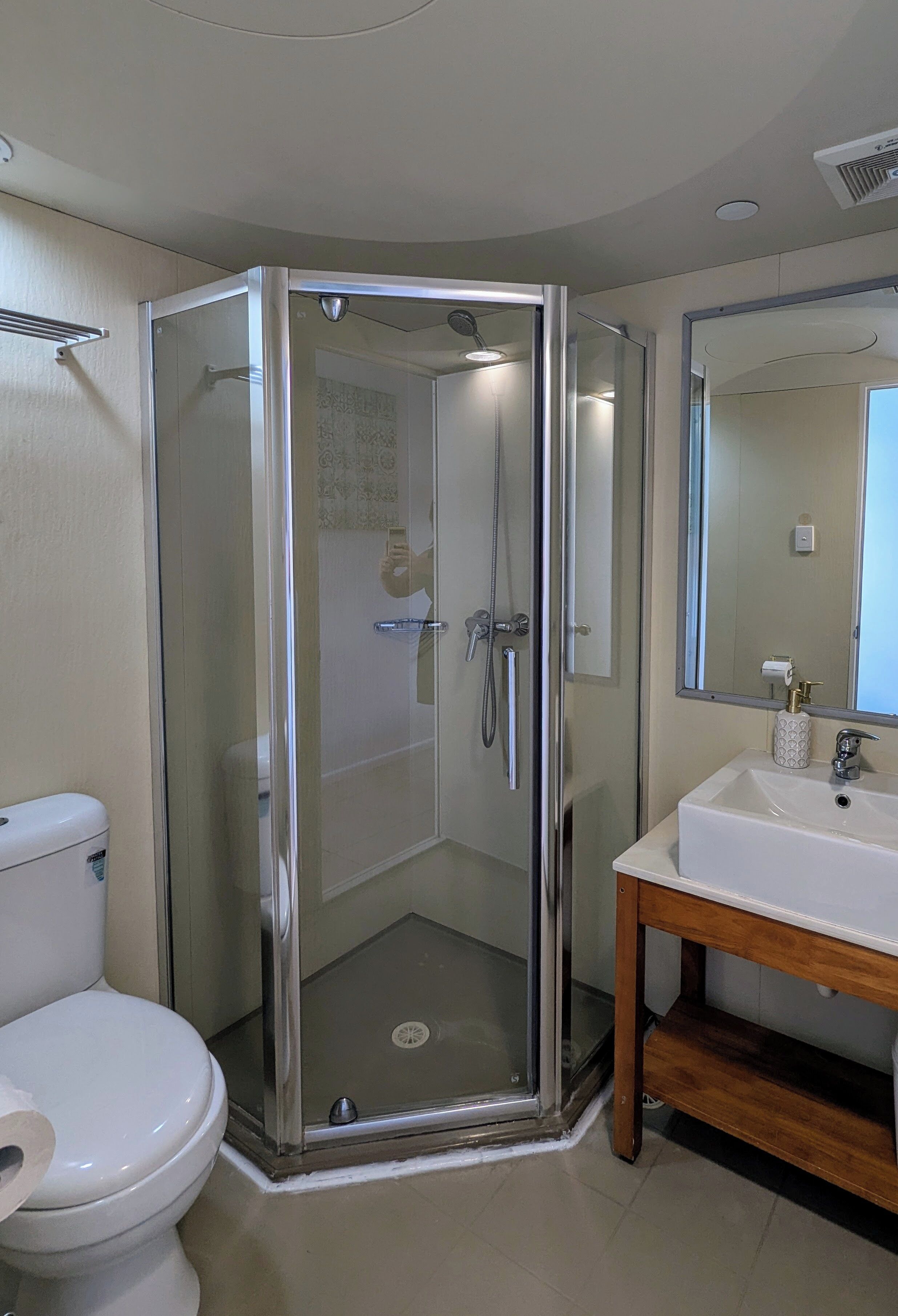 Un bagno moderno con doccia vetro, un water bianco e un mobile lavabo in legno con specchio.
