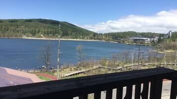 Vista a un lago con una terraza de madera, una playa arenosa y una colina boscosa al fondo.