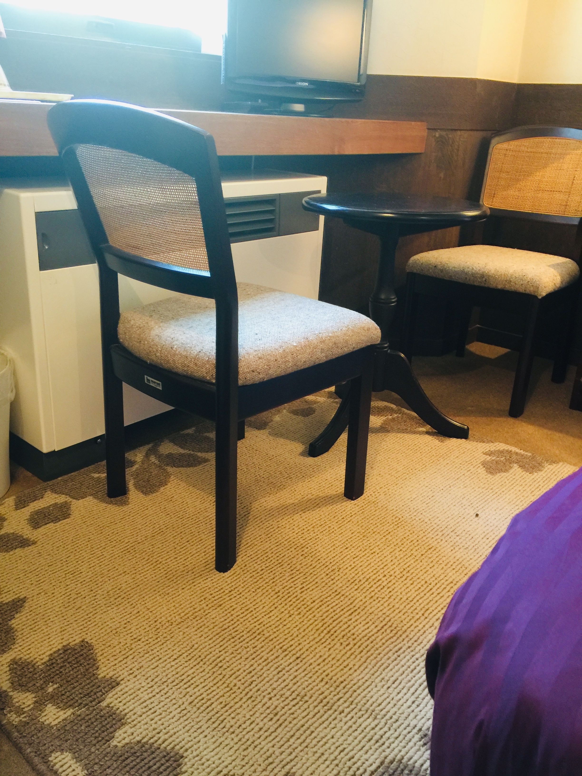 Une pièce comprenant un bureau en bois, deux fauteuils rembourrés, un téléviseur et une moquette à motifs.